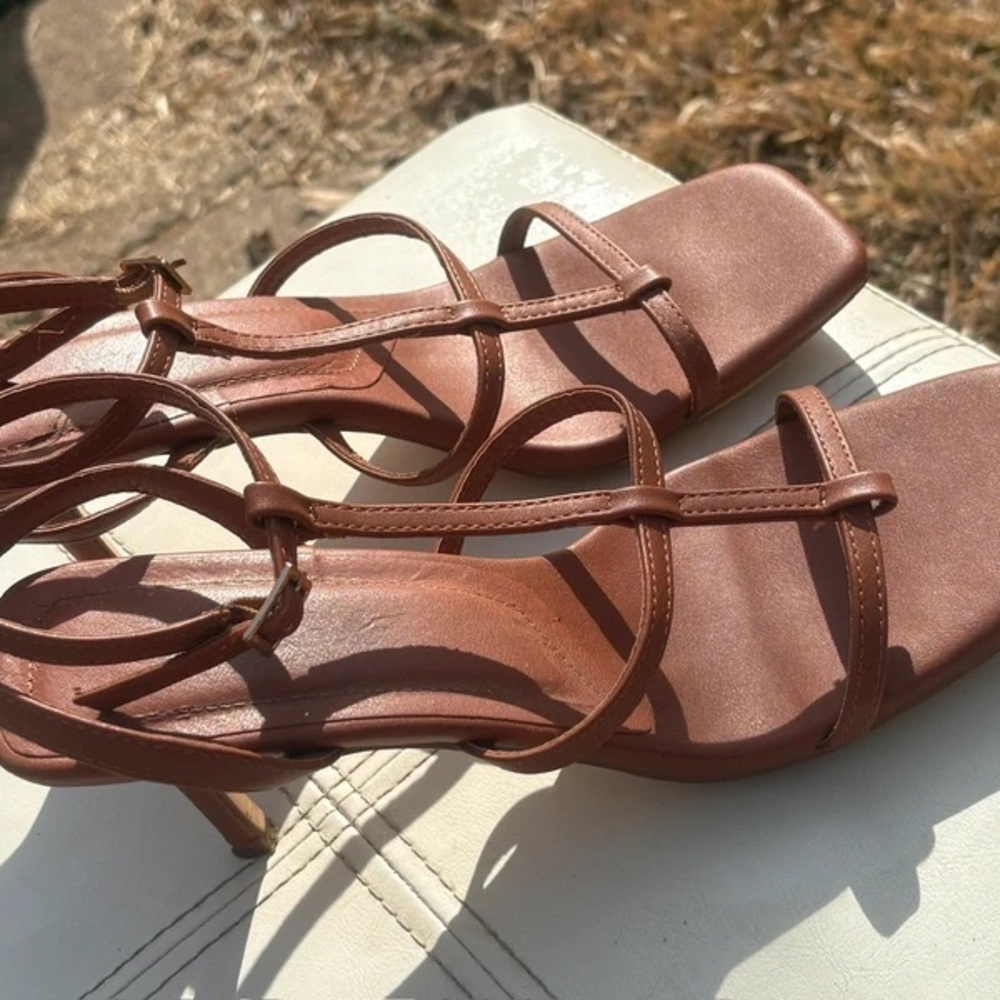Brown Strappy Mid-Heel Sandals with Square Toe
